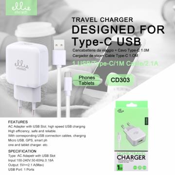 Ellietech CD303 Chargeur avec Câble de Type-C 2.1A 1M Blanc